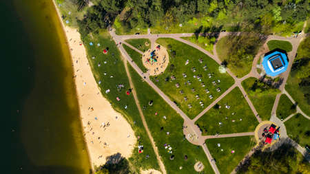 View from the height of the beach and vacationing people in Drozdy in Minsk.Belarus.の写真素材