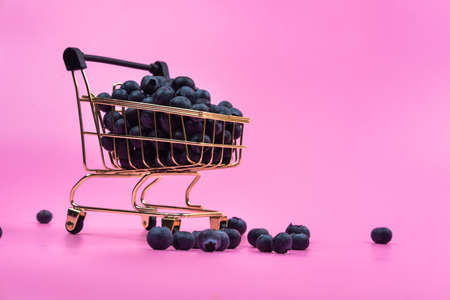 Blueberries in a grocery cart on a pink background. Scattered blueberries near a grocery cart on a...