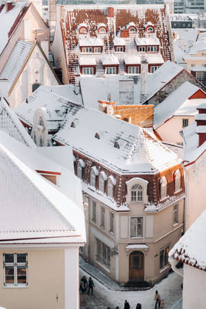 Winter View of the old town of Tallinn Snow-covered city near the Baltic sea. Estoniaの写真素材