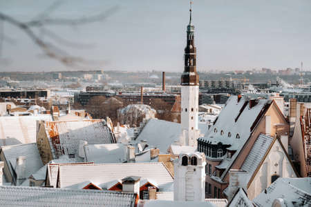 Winter View of the old town of Tallinn Snow-covered city near the Baltic sea. Estoniaの写真素材