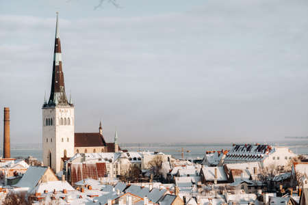 Winter View of the old town of Tallinn Snow-covered city near the Baltic sea. Estoniaの写真素材