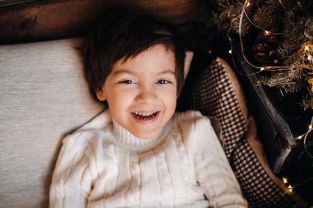 portrait of a smiling boy lying at the Christmas tree at home.の写真素材