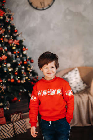 portrait of a smiling boy standing at the Christmas tree at home.の写真素材