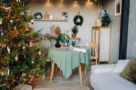 Kitchen table with various accessories in the apartment at Christmas, Kitchen.