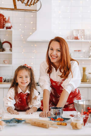 Mom and daughter in the New Years kitchen together prepare dough for Christmas cookiesの写真素材