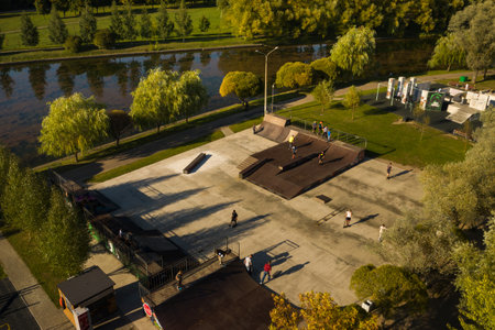 Children play on the sports fields on the street. Play areas in the outdoor courtyard.の写真素材