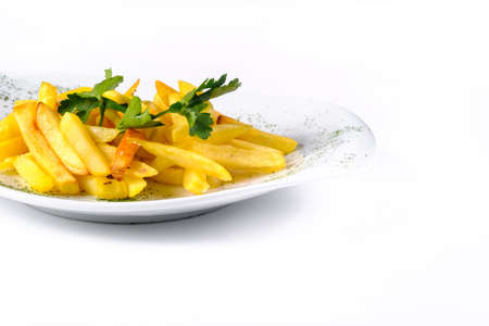 French fries on a white plate isolated background.の写真素材