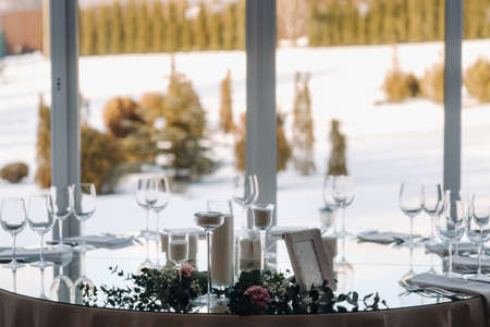 Decorated Table for a wedding reception in a restaurant .Wedding decor.の写真素材