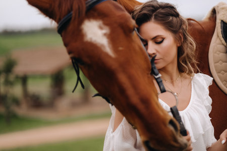 A girl in a white sundress stands next to a brown horse in a field in summer.の写真素材