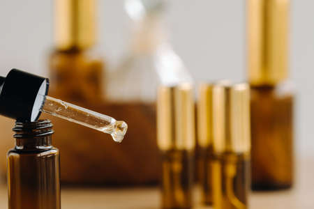 Essential oil in a set of vials. aromatherapy.の写真素材
