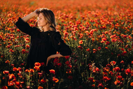 a girl in a black dress on a poppy field at sunset.の写真素材