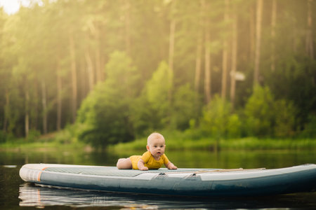 The child lies floating on the water on a large sup board. Water sportsの写真素材