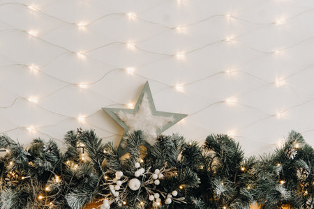 Christmas background with Christmas tree and decoration on light backgroundの写真素材