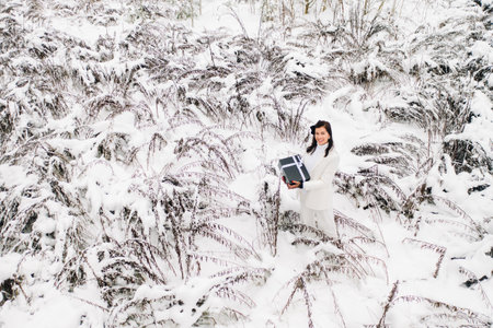 A stylish woman with a white suit with a New Years gift in her hands in a winter forest. A girl in nature in a snowy forest with a gift boxの写真素材
