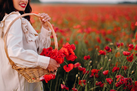 A girl in a white dress and with a basket of poppies walks through a poppy fieldの写真素材