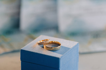 Designer wedding rings lying on the surface. Two wedding rings.