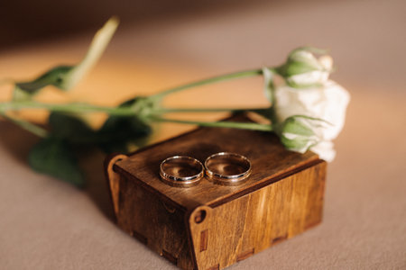 Designer wedding rings lying on the surface with a rose. Two wedding rings.