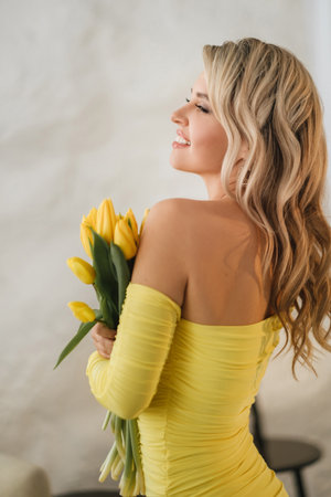 a happy woman in a yellow dress embraces a bouquet of yellow spring tulips in the interior.の写真素材
