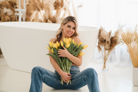 Cute smiling girl with a bouquet of yellow tulips in the interior.の写真素材