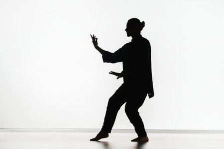 Silhouette of a person practicing qigong energy exercises on a light background.の写真素材