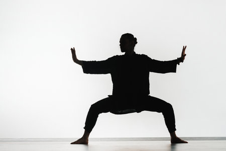 Silhouette of a person practicing qigong energy exercises on a light background.の写真素材