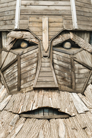 The big face of the wooden sculpture of the hero.の写真素材