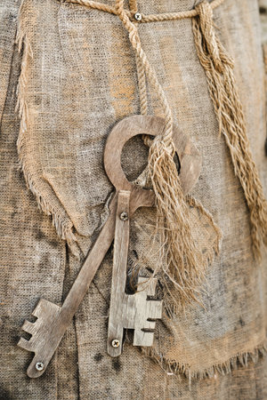 A bunch of old wooden keys hanging on a rope, close-up.の写真素材