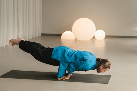 A man in a blue kimono does yoga indoors. Healthy lifestyle.