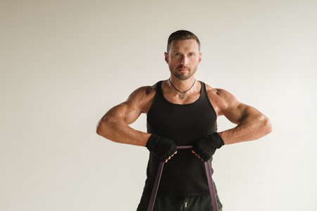 A man in black sportswear is engaged in strength fitness using a rubber loop indoors.の写真素材