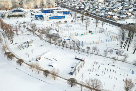 Top view of an empty sports field in a winter park. Infrastructure for winter sports.の写真素材