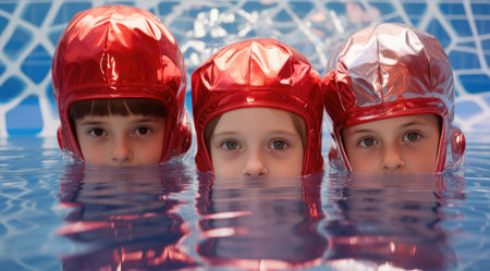 three children in red caps in the pool.の素材
