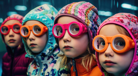 Four children in colored clothes and glassesの素材