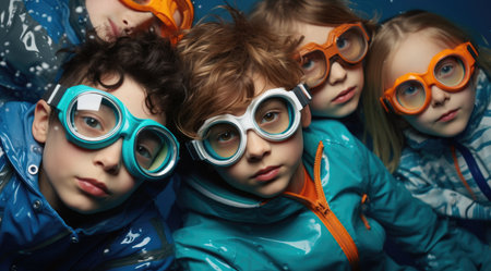 Four children in colored clothes and glassesの素材