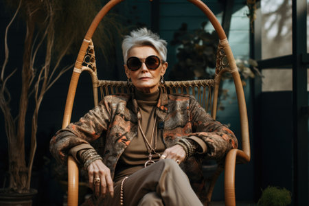 A stylish elderly woman with glasses is sitting on a chair near her house.の素材