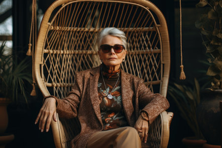A stylish elderly woman with glasses is sitting on a chair near her house.の素材