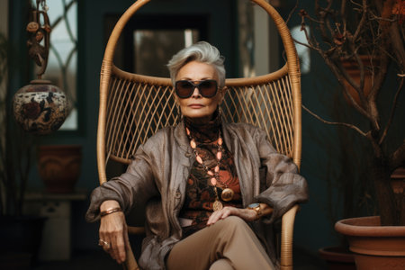 A stylish elderly woman with glasses is sitting on a chair near her house.の素材