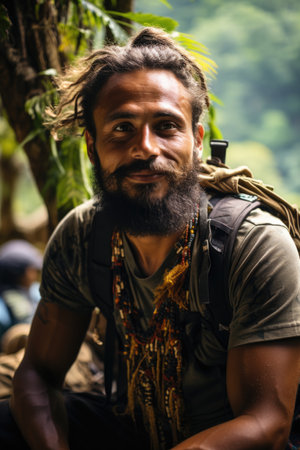 Portrait of a cheerful bearded traveler with a backpack against the background of nature. Guinea.の素材