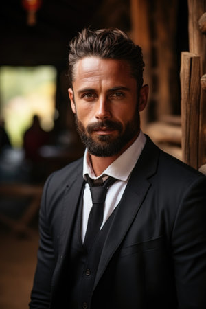 Portrait of a European man with a beard in a formal suit against the background of an African village.の素材