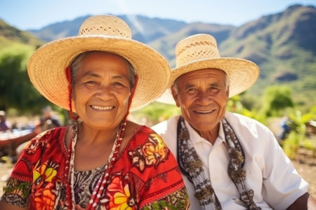 Portrait of a happy elderly couple on vacation in national costumes. Journey.の素材