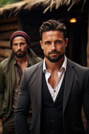 Portrait of a European man with a beard in a formal suit against the background of an African village.の素材