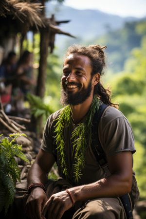 Portrait of a cheerful traveler against the background of natureの素材