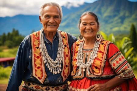 Portrait of a happy elderly couple on vacation in national costumes. Journey.の素材