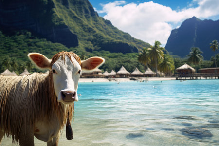 A cow on the background of the island of Tahiti and the ocean. Journey.の素材