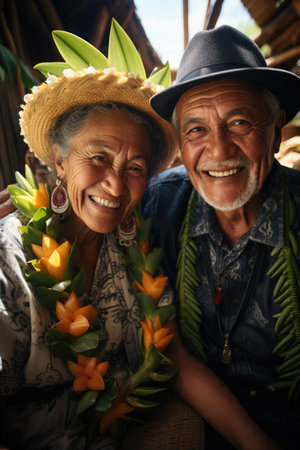 Portrait of a happy elderly couple on vacation in national costumes. Journey.の素材
