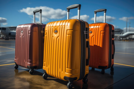 Three stylish colored suitcases standing in an empty airport.の素材