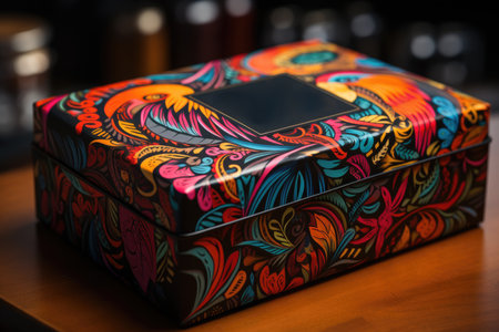 Colorful patterned coffee packaging stands on the table.の素材