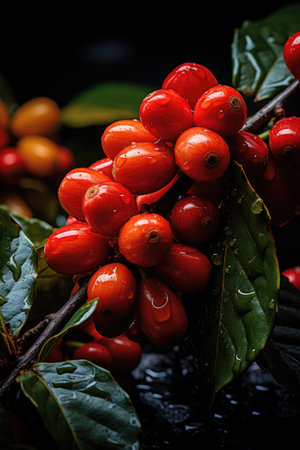 Close-up of coffee fruit at a coffee farm on a branch, Colombia.の素材