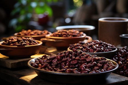 Roasted coffee beans close-up in dishes . Colombian coffee.の素材