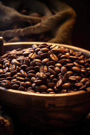 Roasted coffee beans close-up in dishes . Colombian coffee.の素材