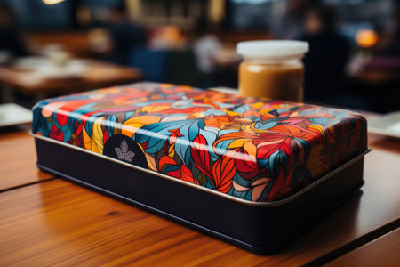 Colorful patterned coffee packaging stands on the table.の素材